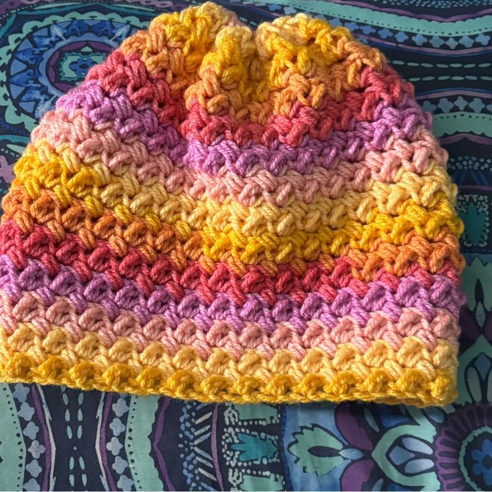 Handmade Crochet Beanie - Pink, Yellow & Orange Gradient